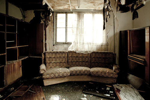 A room with fire and smoke damage